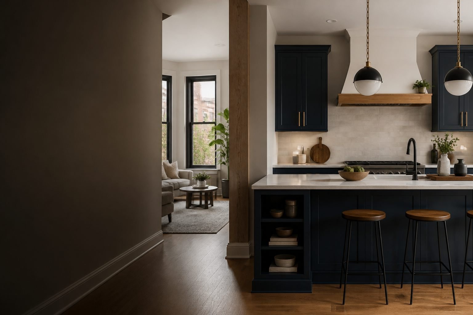 Bright, modern kitchen and living space