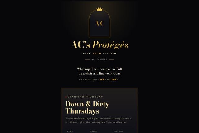 AC's Proteges creator landing page